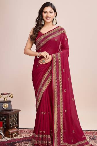 Dark pink embroidered silk blend bollywood saree with blouse