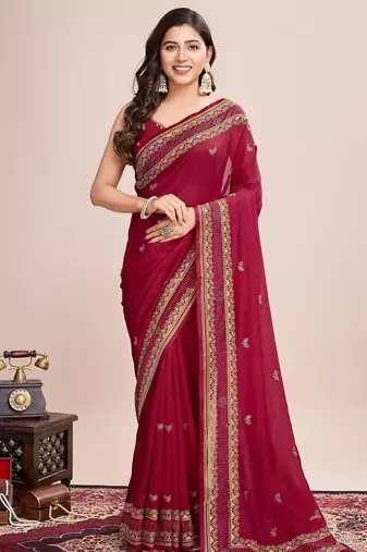 Dark pink embroidered silk blend bollywood saree with blouse
