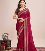 Dark pink embroidered silk blend bollywood saree with blouse