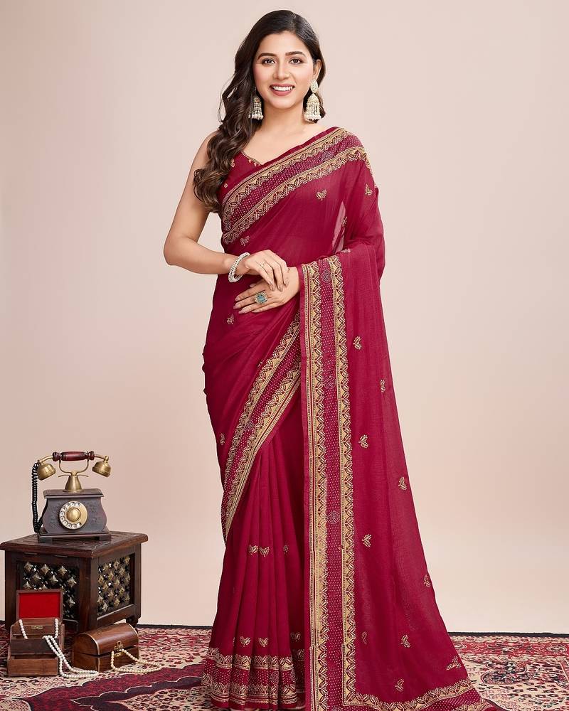 Dark pink embroidered silk blend bollywood saree with blouse