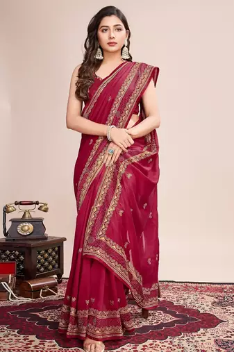 Dark pink embroidered silk blend bollywood saree with blouse