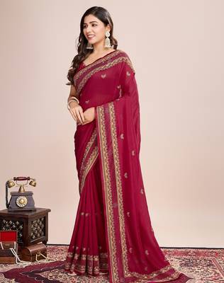 Dark pink embroidered silk blend bollywood saree with blouse 3
