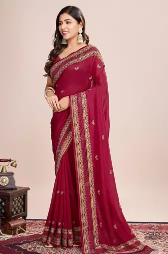 Dark pink embroidered silk blend bollywood saree with blouse