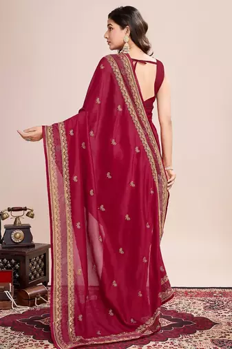 Dark pink embroidered silk blend bollywood saree with blouse