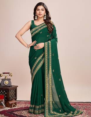 Green embroidered silk blend bollywood saree with blouse 1