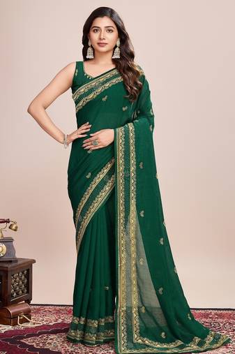 Green embroidered silk blend bollywood saree with blouse