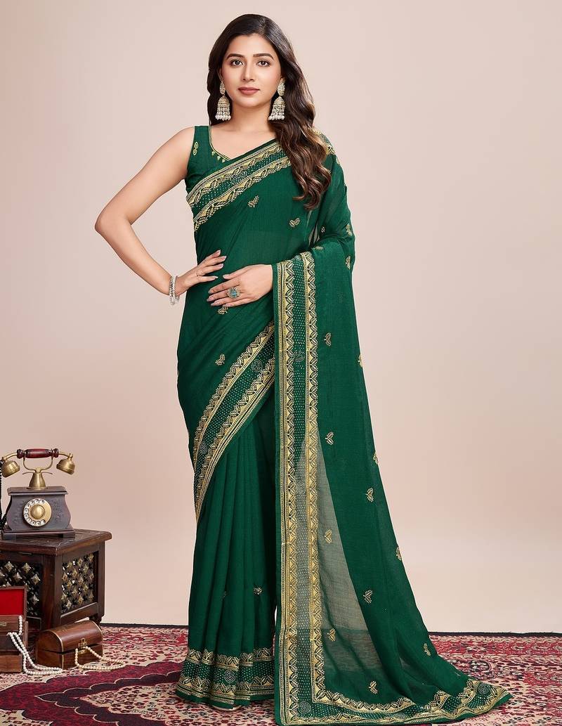 Green embroidered silk blend bollywood saree with blouse
