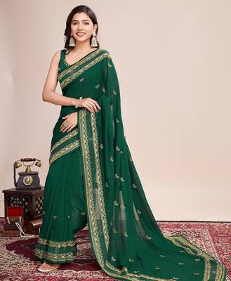 Green embroidered silk blend bollywood saree with blouse 2