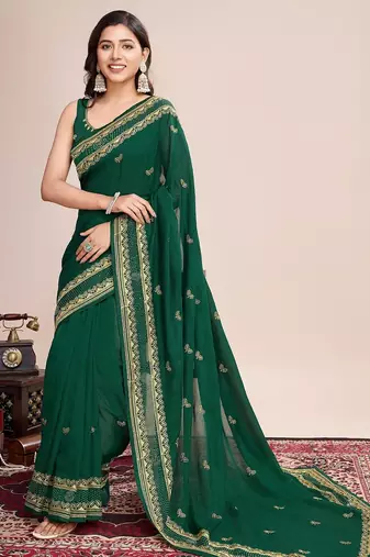 Green embroidered silk blend bollywood saree with blouse