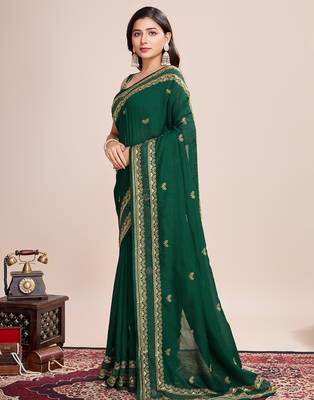 Green embroidered silk blend bollywood saree with blouse 3