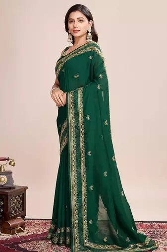 Green embroidered silk blend bollywood saree with blouse