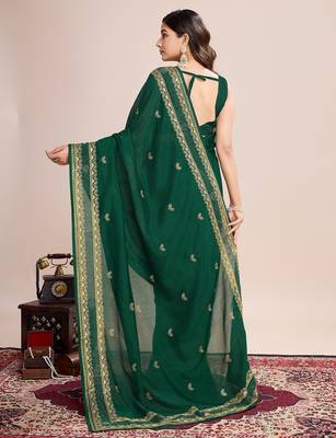 Green embroidered silk blend bollywood saree with blouse 4