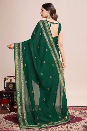 Green embroidered silk blend bollywood saree with blouse