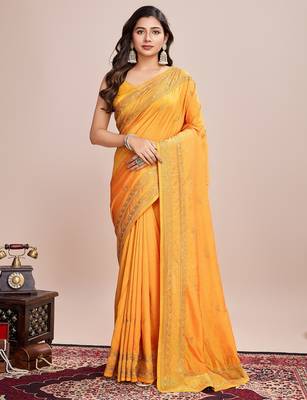 Mustard embroidered silk blend bollywood saree with blouse 1