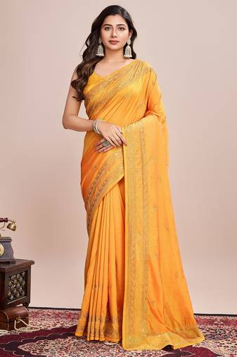Mustard embroidered silk blend bollywood saree with blouse