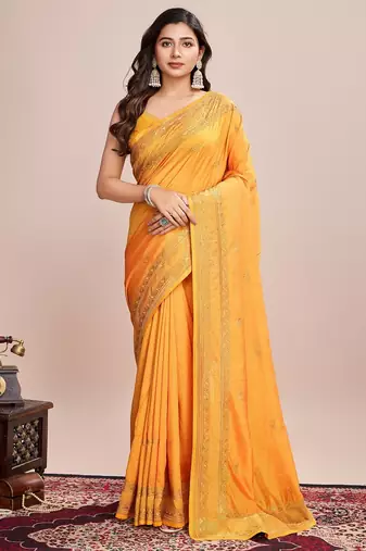Mustard embroidered silk blend bollywood saree with blouse