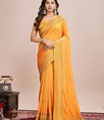 Mustard embroidered silk blend bollywood saree with blouse