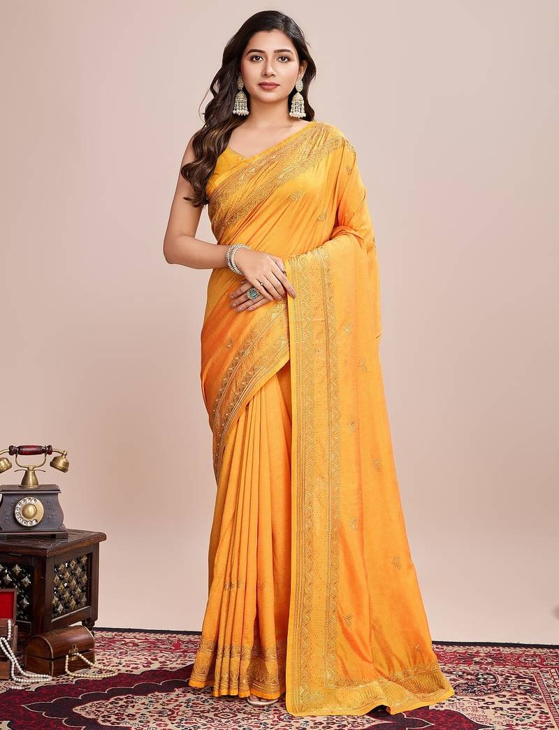 Mustard embroidered silk blend bollywood saree with blouse