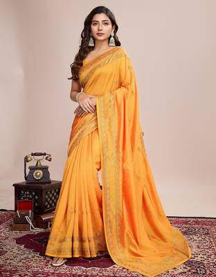 Mustard embroidered silk blend bollywood saree with blouse 2