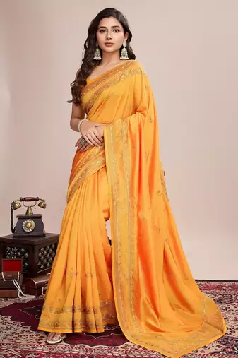 Mustard embroidered silk blend bollywood saree with blouse