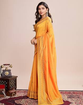 Mustard embroidered silk blend bollywood saree with blouse 3