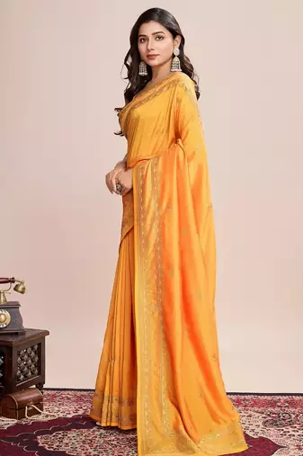 Mustard embroidered silk blend bollywood saree with blouse