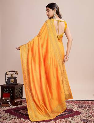 Mustard embroidered silk blend bollywood saree with blouse 4