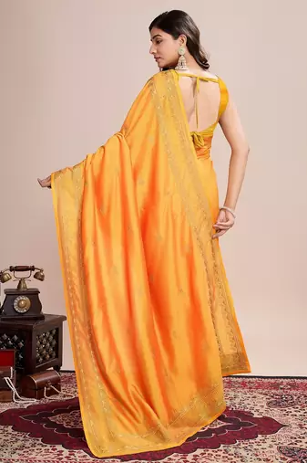 Mustard embroidered silk blend bollywood saree with blouse