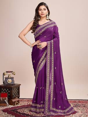 Purple embroidered silk blend bollywood saree with blouse 1