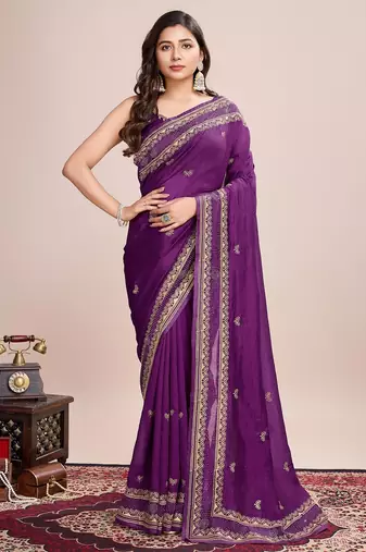 Purple embroidered silk blend bollywood saree with blouse