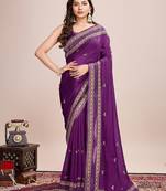 Purple embroidered silk blend bollywood saree with blouse