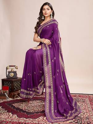 Purple embroidered silk blend bollywood saree with blouse 2