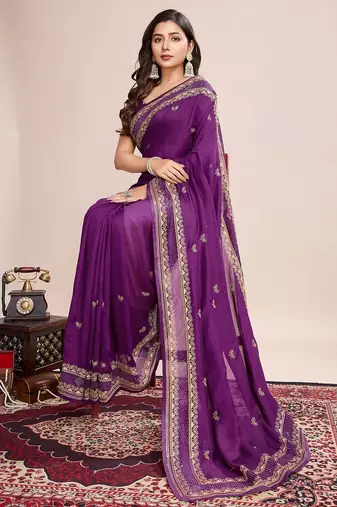 Purple embroidered silk blend bollywood saree with blouse