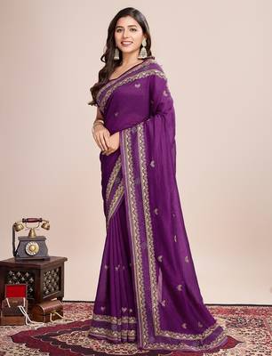 Purple embroidered silk blend bollywood saree with blouse 3