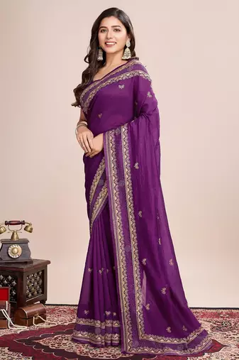 Purple embroidered silk blend bollywood saree with blouse