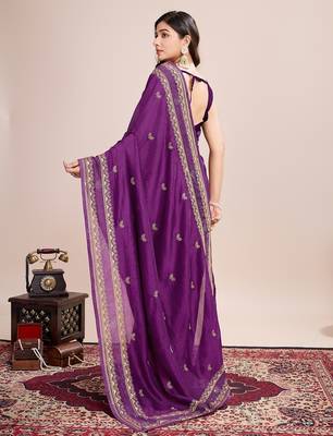 Purple embroidered silk blend bollywood saree with blouse 4