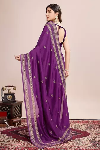 Purple embroidered silk blend bollywood saree with blouse