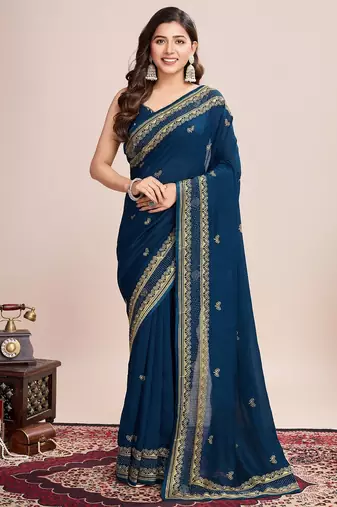 Teal blue embroidered silk blend bollywood saree with blouse