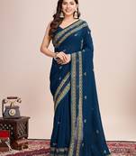 Teal blue embroidered silk blend bollywood saree with blouse