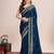 Teal blue embroidered silk blend bollywood saree with blouse