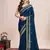 Teal blue embroidered silk blend bollywood saree with blouse