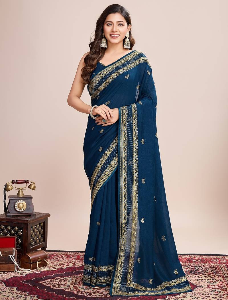 Teal blue embroidered silk blend bollywood saree with blouse