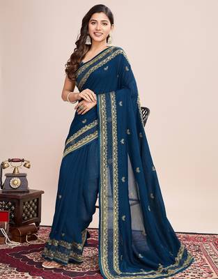 Teal blue embroidered silk blend bollywood saree with blouse 2