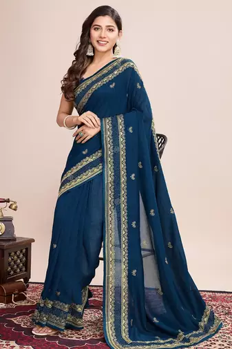 Teal blue embroidered silk blend bollywood saree with blouse