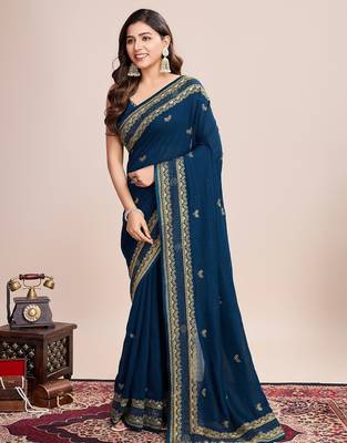 Teal blue embroidered silk blend bollywood saree with blouse 3