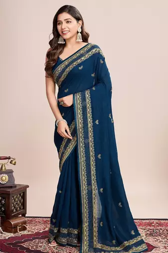 Teal blue embroidered silk blend bollywood saree with blouse