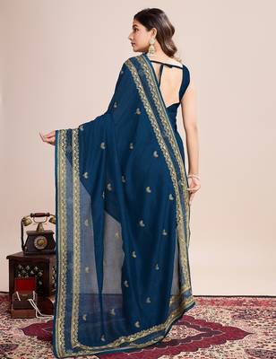 Teal blue embroidered silk blend bollywood saree with blouse 4
