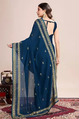 Teal blue embroidered silk blend bollywood saree with blouse