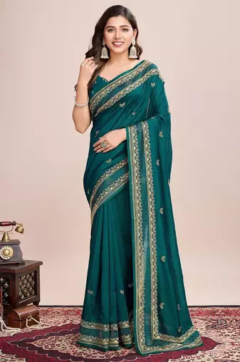 Teal green embroidered silk blend bollywood saree with blouse