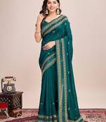 Teal green embroidered silk blend bollywood saree with blouse